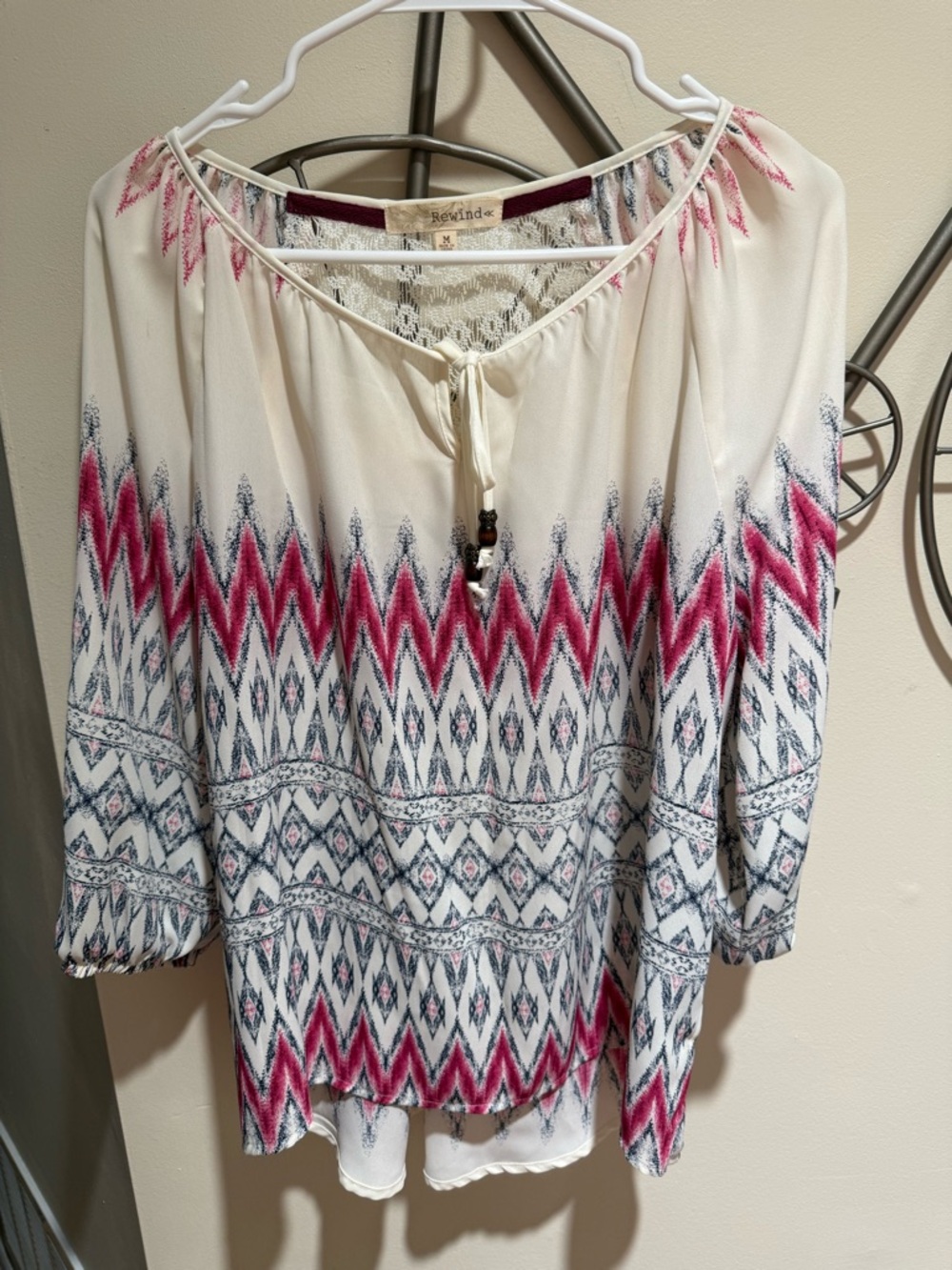 Rewind Cream & Pink Printed Peasant Blouse Size M Bohemian